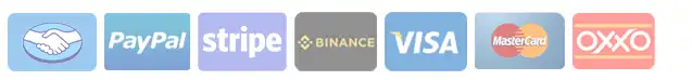 Paypal, Mercado Pago, Oxxo, Stripe, Visa, Mastercard